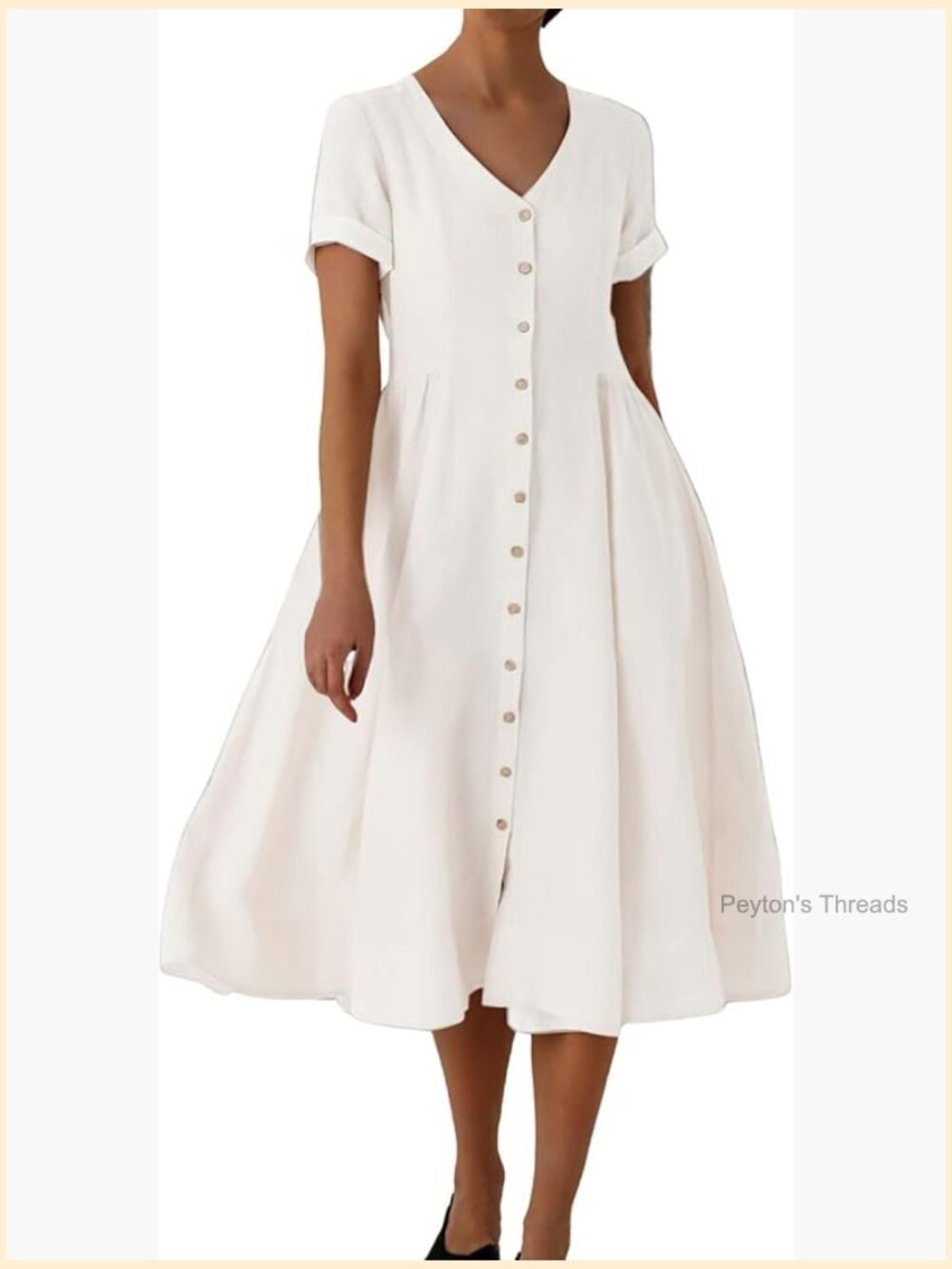 Women's Fit and Flare Swing Cotton Dress V-Neck Button Down Beach Midi